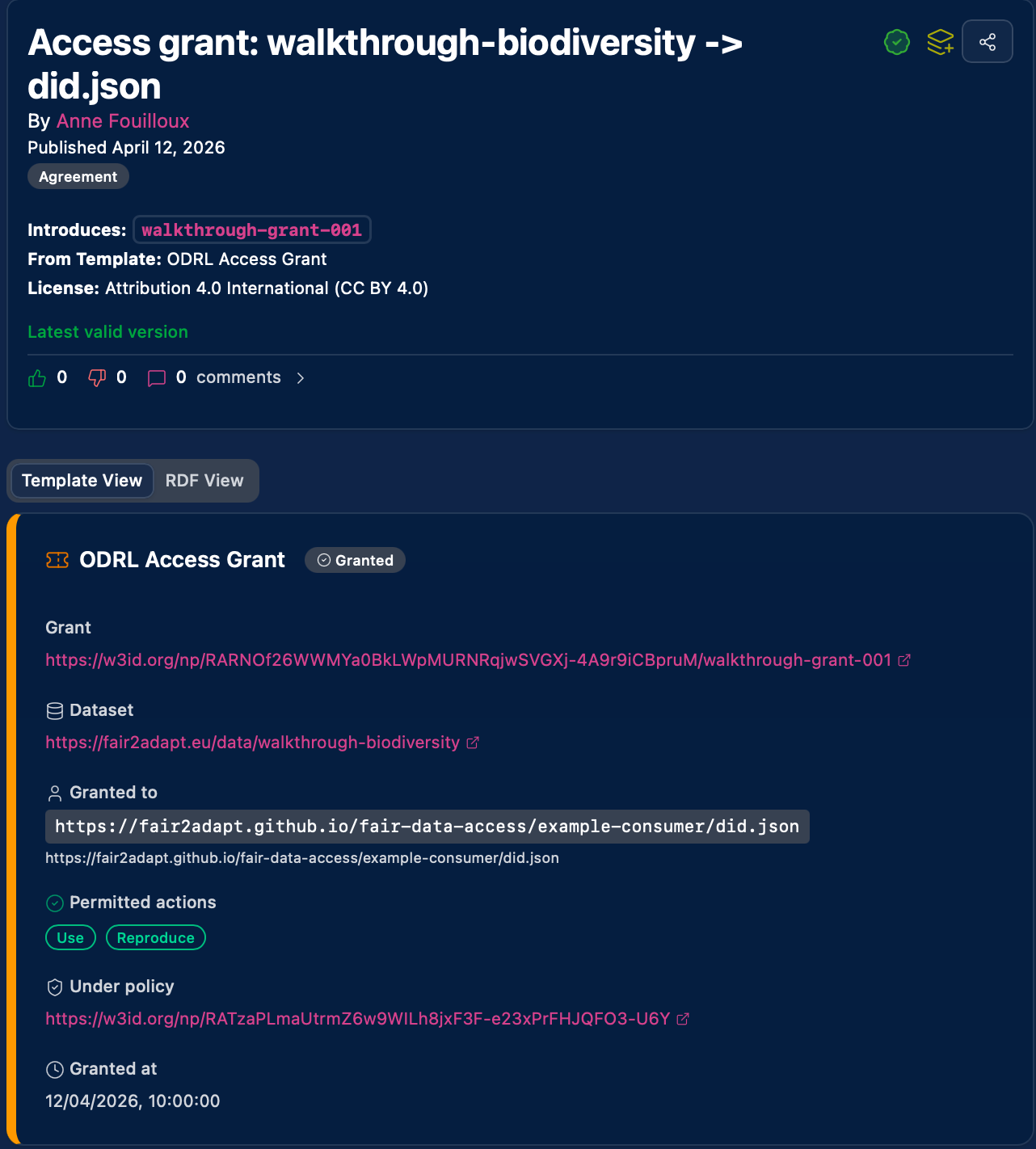 ODRL Access Grant rendered in Science Live